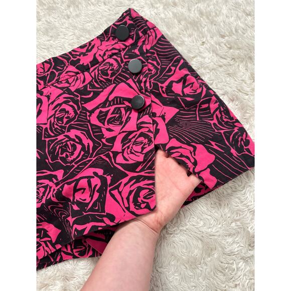 Vintage Express Sz 4 Mini Skirt Skort Pink Black Rose Button Asymmetrical - Picture 6 of 9